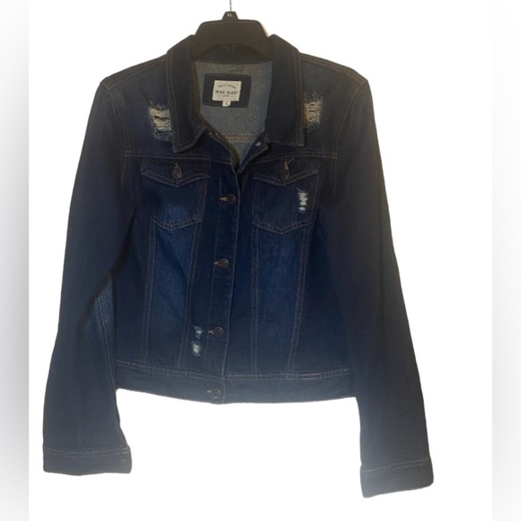 Wax Jean Basic Blue Denim Buttonup Sz L Distressed Band at bottom women’s Jacket - Picture 1 of 8